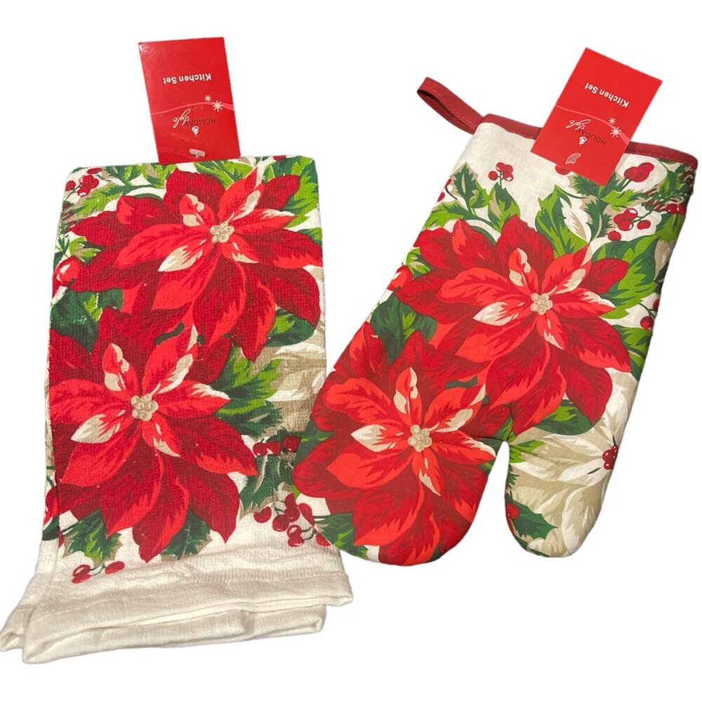 Poinsettia Holiday Kitchen Set:Oven Mitt & Towel 100% Cotton/Polyester Red&White